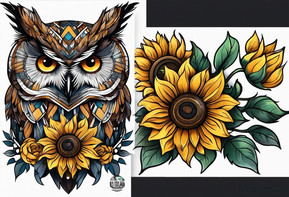 Owl and sunflower sleeve tattoo idea