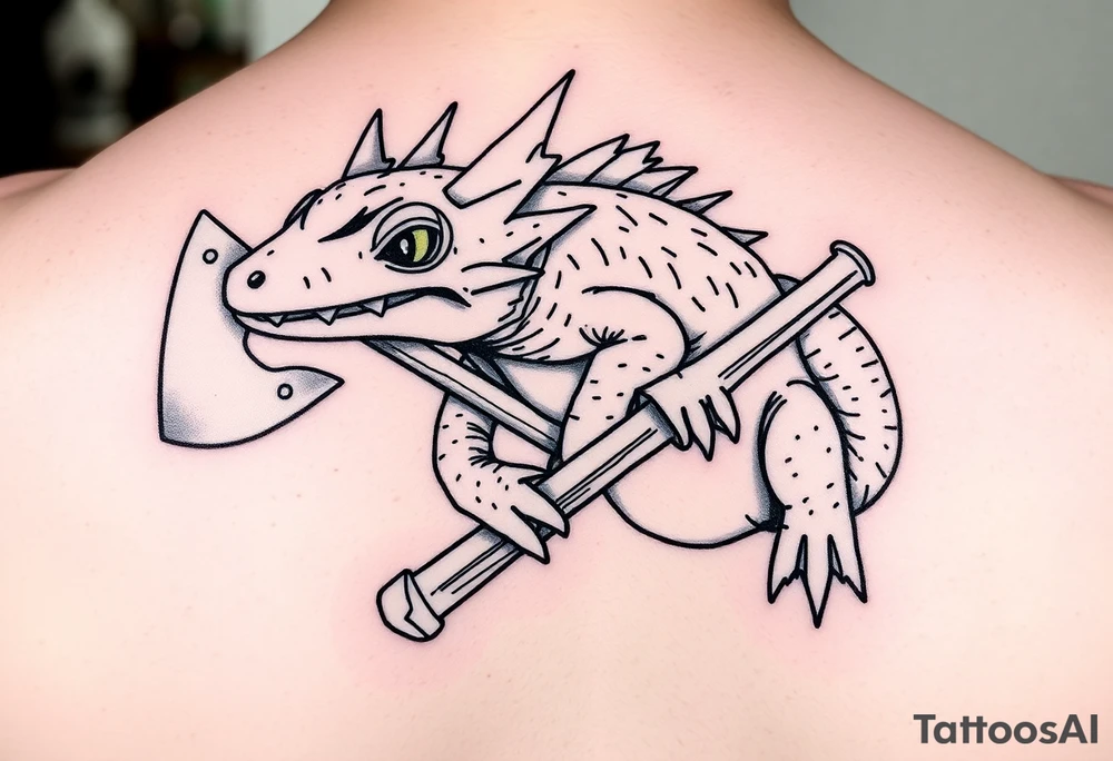 line work axolotl holding an axe tattoo idea