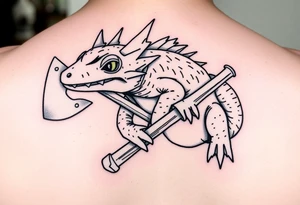 line work axolotl holding an axe tattoo idea