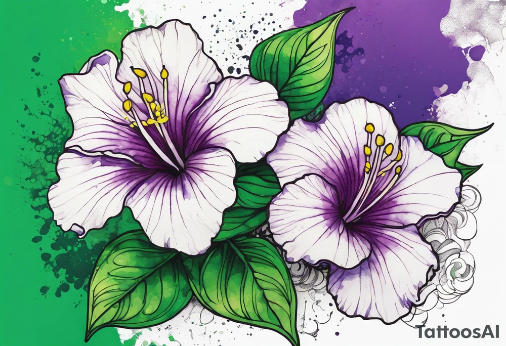 An outline of an only green rio dipladenia flower and a green and purple watercolor splash in the background tattoo idea