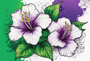 An outline of an only green rio dipladenia flower and a green and purple watercolor splash in the background tattoo idea