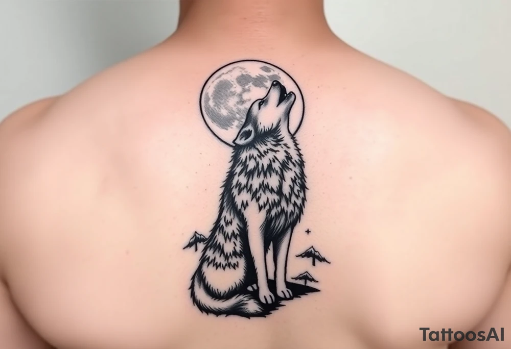 lone wolf howling at full moon with northern lights backdrop tattoo idea