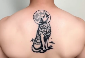 lone wolf howling at full moon with northern lights backdrop tattoo idea