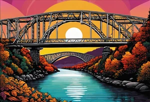 70's poster art, pop art, simple, view from under steel truss cantilever bridge tattoo idea