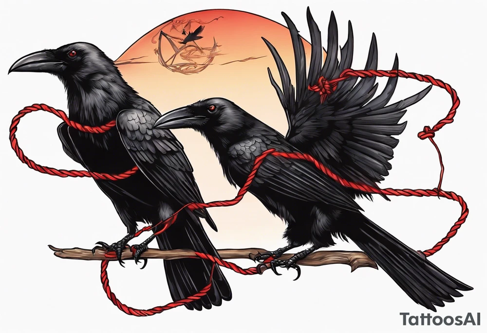 Two black crows flying into the sunset as they carry one long red string between them. tattoo idea