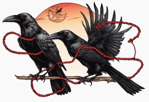 Two black crows flying into the sunset as they carry one long red string between them. tattoo idea
