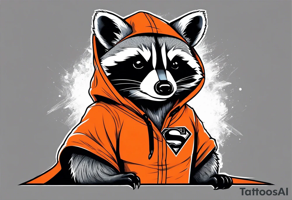 Raccoon wearing an orange Superman hoodie tattoo idea