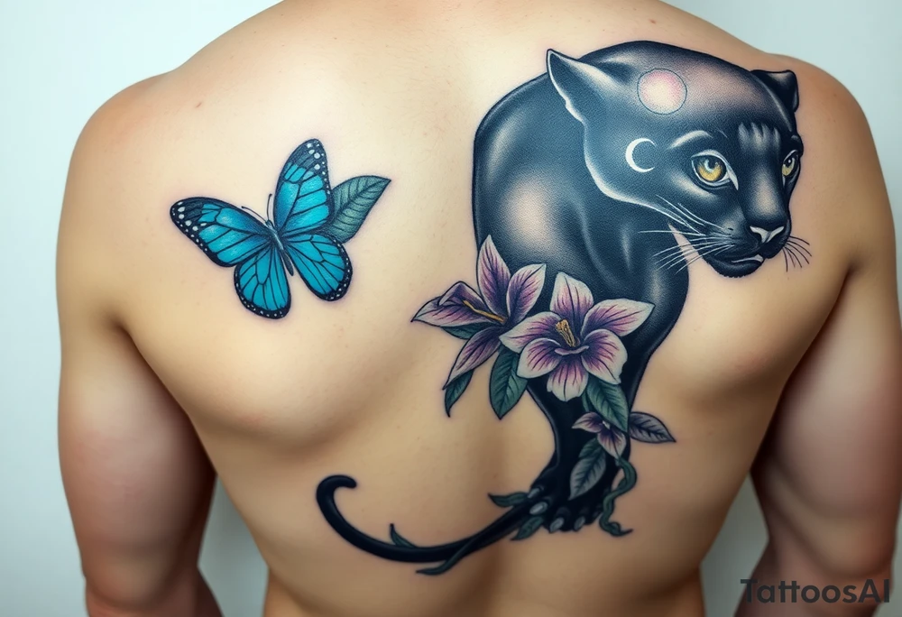 "Neo-traditional black panther curved along ribs, Gemini constellation in eyes, monstera leaves on chest, blue morpho butterfly on orchid near collarbone, jungle vines wrapping legs – color palette: emerald, indigo, turquoise, plum – 10x7 inches" tattoo idea