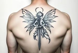 powerful fae fairy holding a sword at a battle big back peice tattoo idea