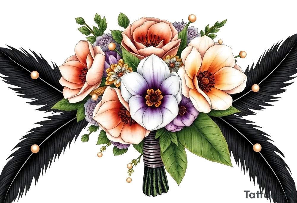 A wedding bouquet of olive green , lavender , rose gold and cream flowers surrounded by black feathers as the wrapping with one single pearl along the spine of each feather tattoo idea