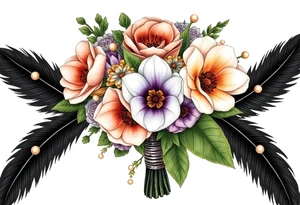 A wedding bouquet of olive green , lavender , rose gold and cream flowers surrounded by black feathers as the wrapping with one single pearl along the spine of each feather tattoo idea