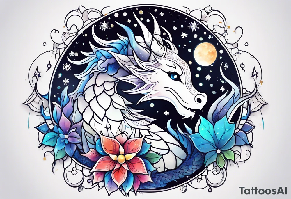 Constellation, kawaii dragon, snowflake tattoo idea