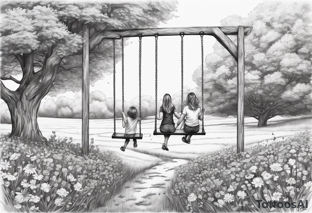 Mom with son and daughter on a swing in the distance in a field of flowers tattoo idea