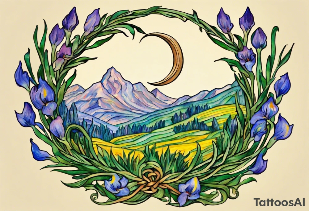 Create a small, colorful Vincent van Gogh Irises tattoo in the form of a crescent, with vines gracefully intertwining at a central point in the middle of the wreath. The intended placement is on the upper chest. The middle needs mountains. The overall design should be small in size while maintaining a delicate and artistic aesthetic. Pay attention to the graceful flow of the vines and the placement of the irises to achieve a refined and elegant look. tattoo idea