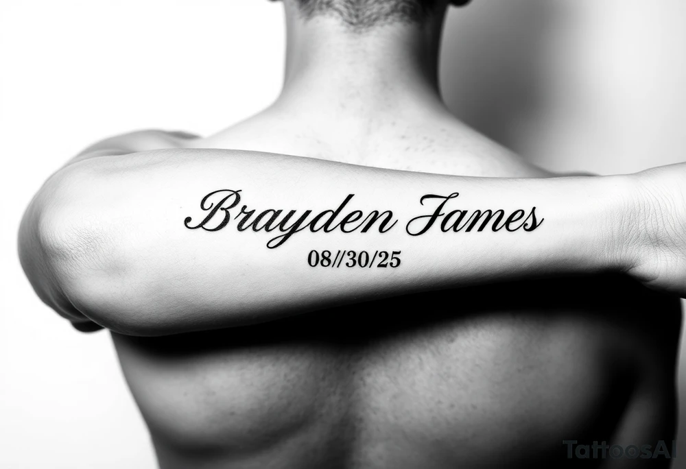 Brayden James name tattoo on forearm with dob 08/30/25 mother son dedicated female tattoo idea