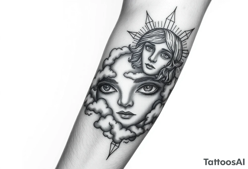 heavenly eyes below the elbow with clouds under it with a portrait dedicated to a dead family member tattoo idea