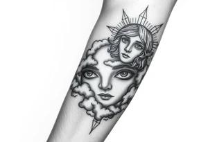 heavenly eyes below the elbow with clouds under it with a portrait dedicated to a dead family member tattoo idea