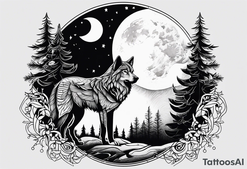 Wolf with moon, trees and owl tattoo idea