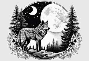 Wolf with moon, trees and owl tattoo idea