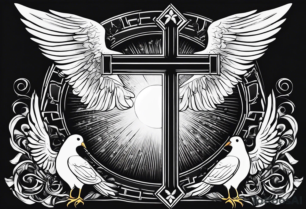 A Cross with doves in the rays of sun with 08/21/2024 in Roman numeral tattoo idea
