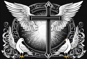A Cross with doves in the rays of sun with 08/21/2024 in Roman numeral tattoo idea