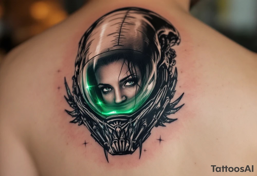 Ripley’s face reflected in the helmet of a Xenomorph, with sharp contrast, muted dark grays, and a glow of eerie green light. tattoo idea