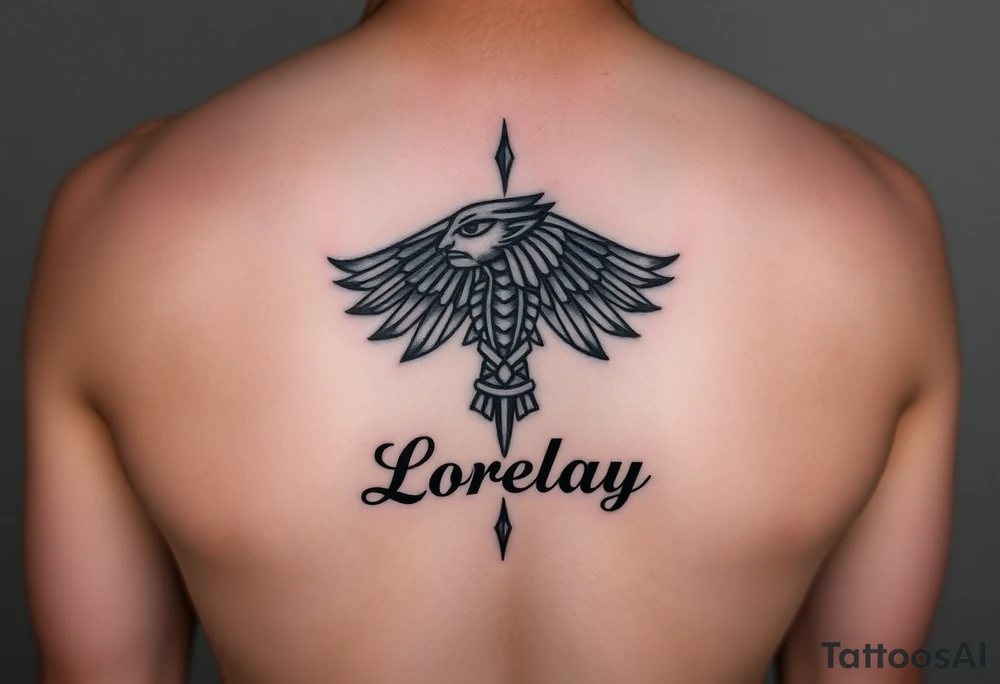 Crea un diseño significativo sobre la cultura egipcia y que tenga el nombre escrito por de bajo del diseño el nombre de mi hermana Lorelay para la parte baja del bíceps tattoo idea