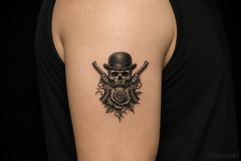 Gothic skull with bowler hat and handlebar mustache, antique revolvers, dark roses. tattoo idea