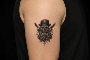 Gothic skull with bowler hat and handlebar mustache, antique revolvers, dark roses. tattoo idea