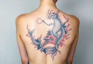 Dragon, coi fish, cherry blossom tree, ying yang, light house, landscape, water full back piece tattoo idea