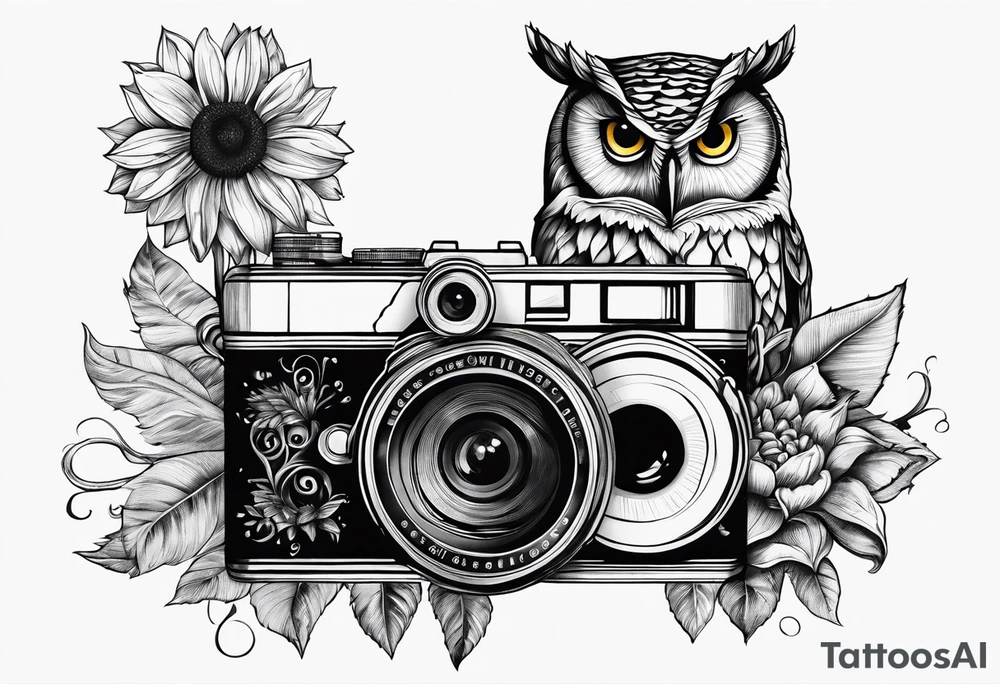 sunflower, camera, water wave, owl, book tattoo idea