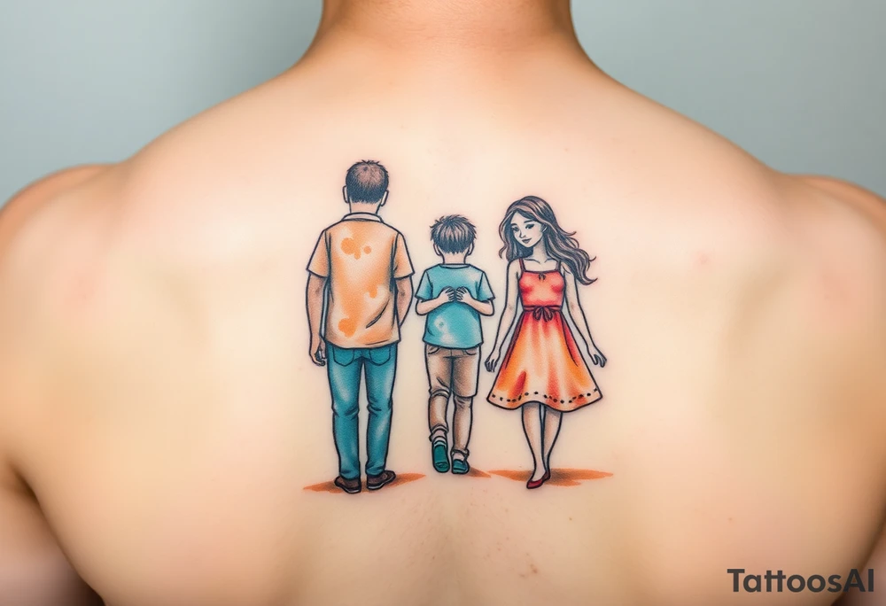 Family 2 parents, 1 baby boy, one 3-year girl wlking through the horizons tattoo idea