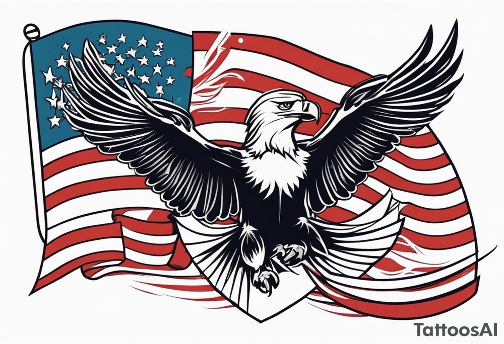 eagle flying in front of ship holding American flag in beak tattoo idea