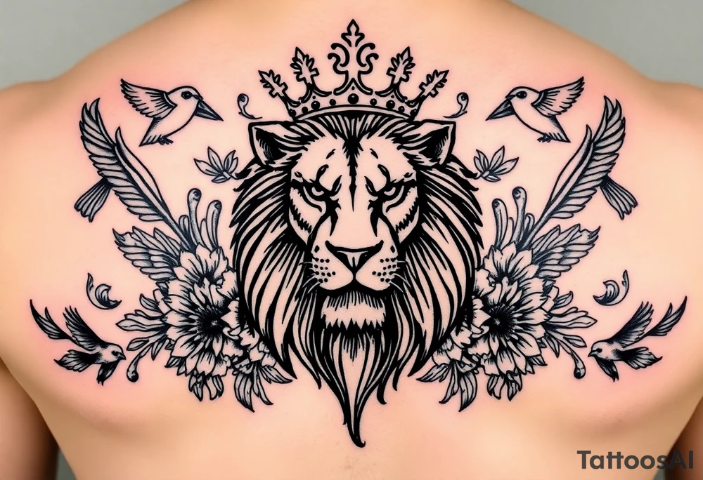 powerful majestic lion with a crown, surrounded by floral ornaments and birds tattoo idea