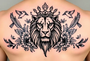 powerful majestic lion with a crown, surrounded by floral ornaments and birds tattoo idea