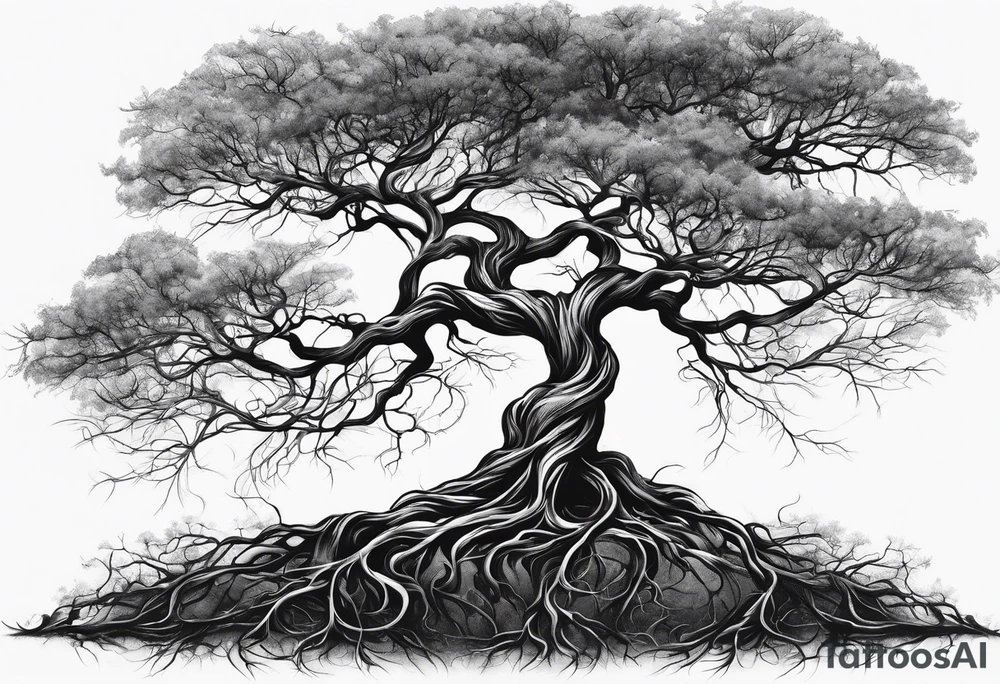 twisted leafless tree with long roots and branches stencil for chest and collar bone tattoo idea