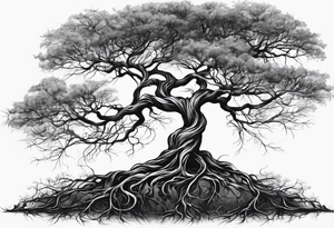 twisted leafless tree with long roots and branches stencil for chest and collar bone tattoo idea