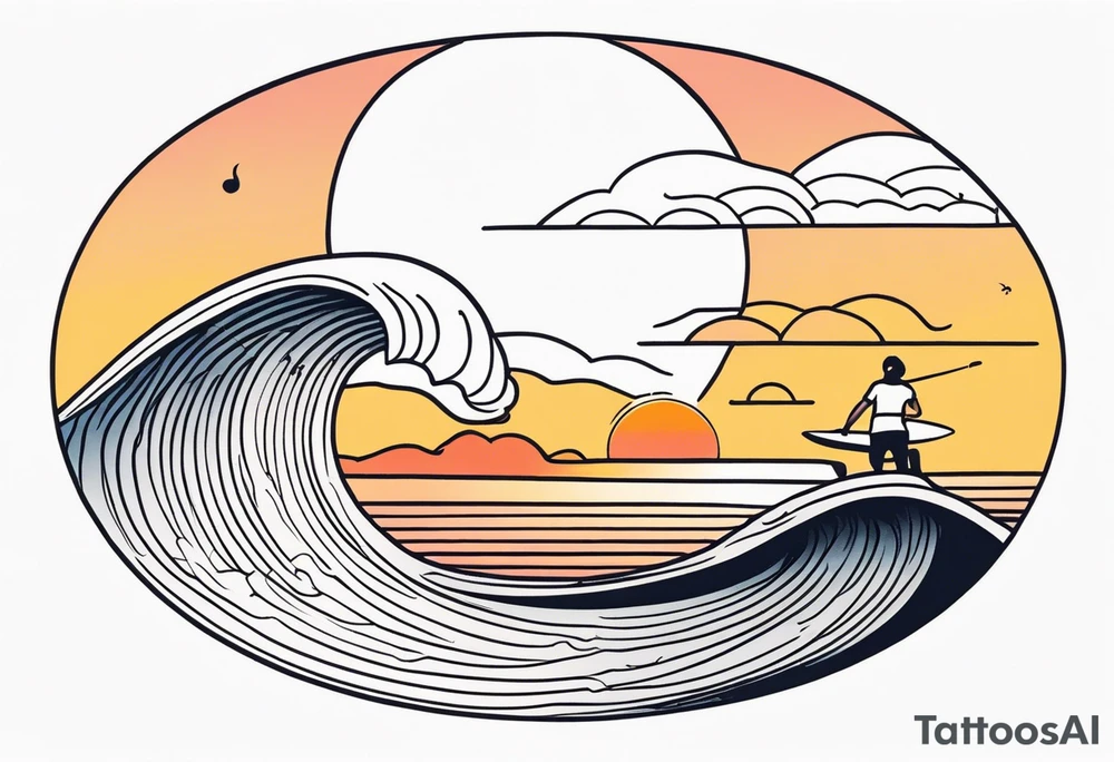 Line work tattoo depicting a father surfing in the sunset with his two daughters. tattoo idea