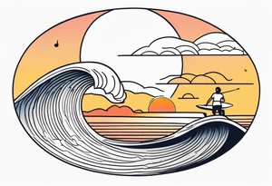 Line work tattoo depicting a father surfing in the sunset with his two daughters. tattoo idea