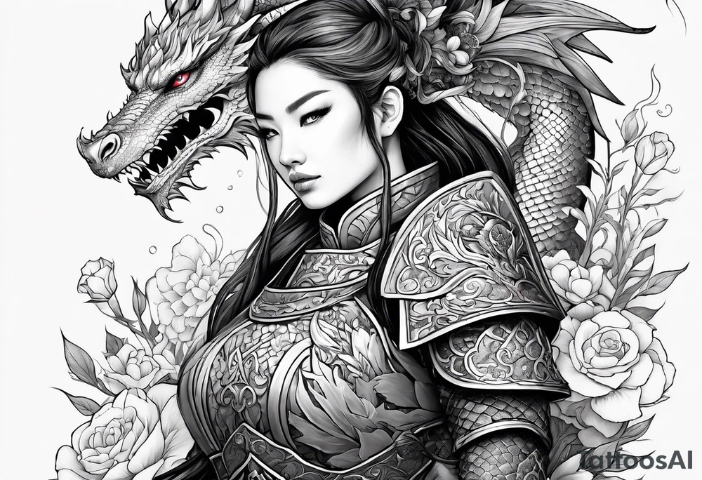 beautiful warrior woman wearing dragon armor and a floral background and a dragon a full picture tattoo idea