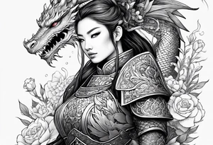 beautiful warrior woman wearing dragon armor and a floral background and a dragon a full picture tattoo idea