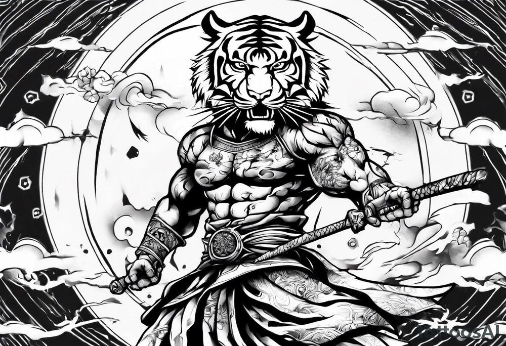 tiger warrior with lightning and the sun for a forearm sleeve tattoo idea