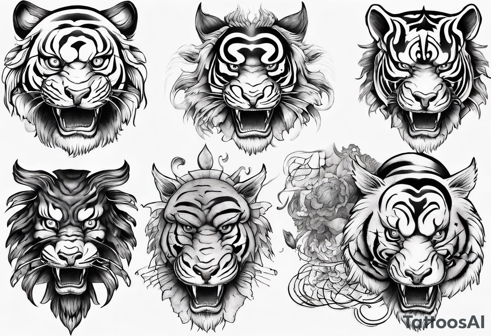 Ancient mythical tiger-like creature on a sleeve tattoo idea