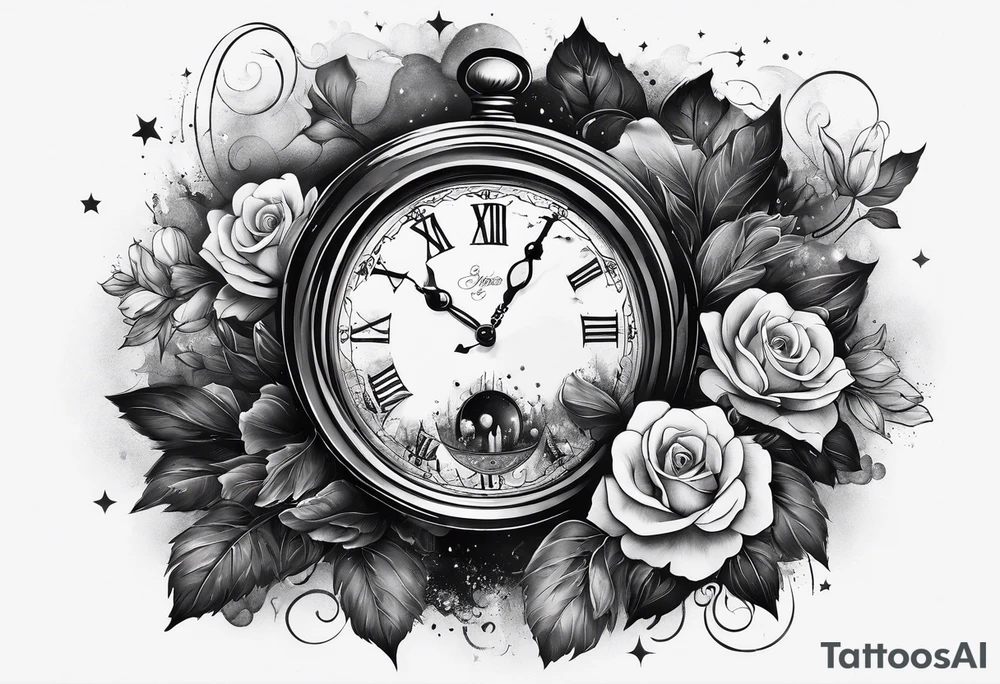 Time fading away surrounded by dark mist and galaxies tattoo idea