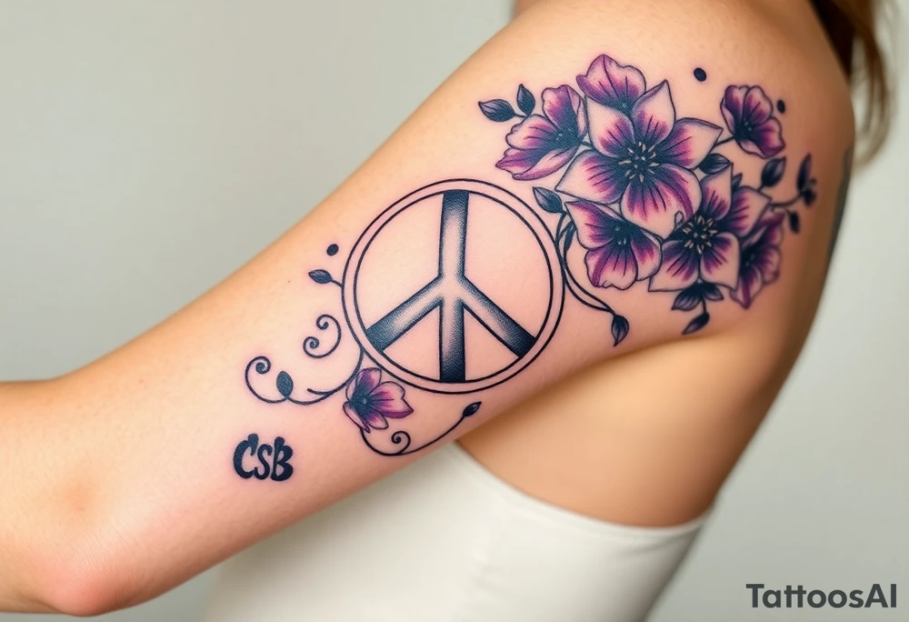 Full tattoo peace symbol, dog prints, Pisces symbol, intertwined with violets, amethyst, initials csb in cursive font tattoo idea
