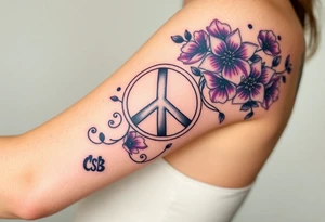 Full tattoo peace symbol, dog prints, Pisces symbol, intertwined with violets, amethyst, initials csb in cursive font tattoo idea