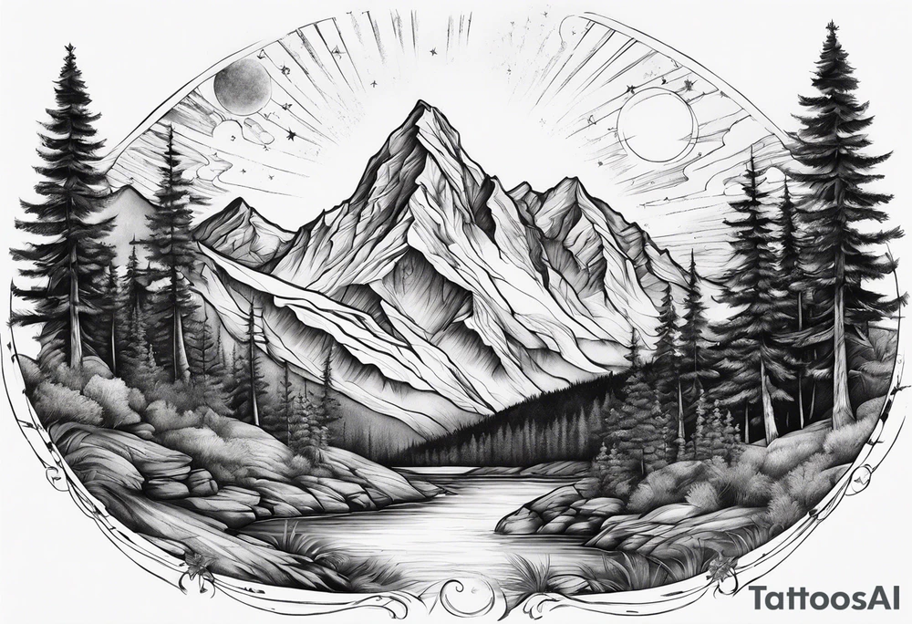 mountains, nature, stars, cross, waterfall, water tattoo idea