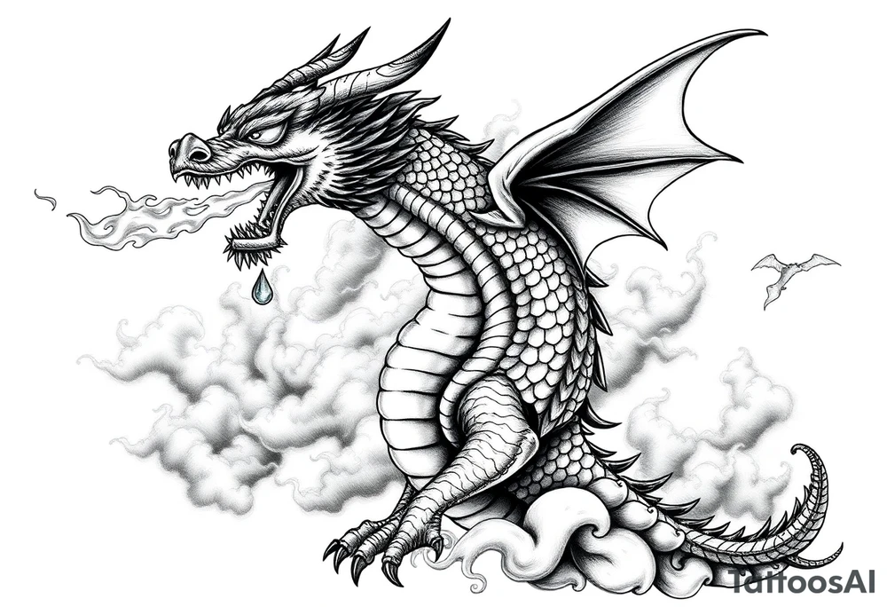 fierce dragon breathing iridescent fire against stormy skies tattoo idea