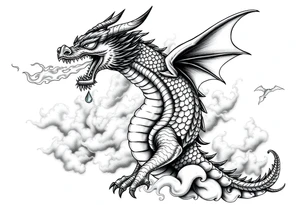 fierce dragon breathing iridescent fire against stormy skies tattoo idea
