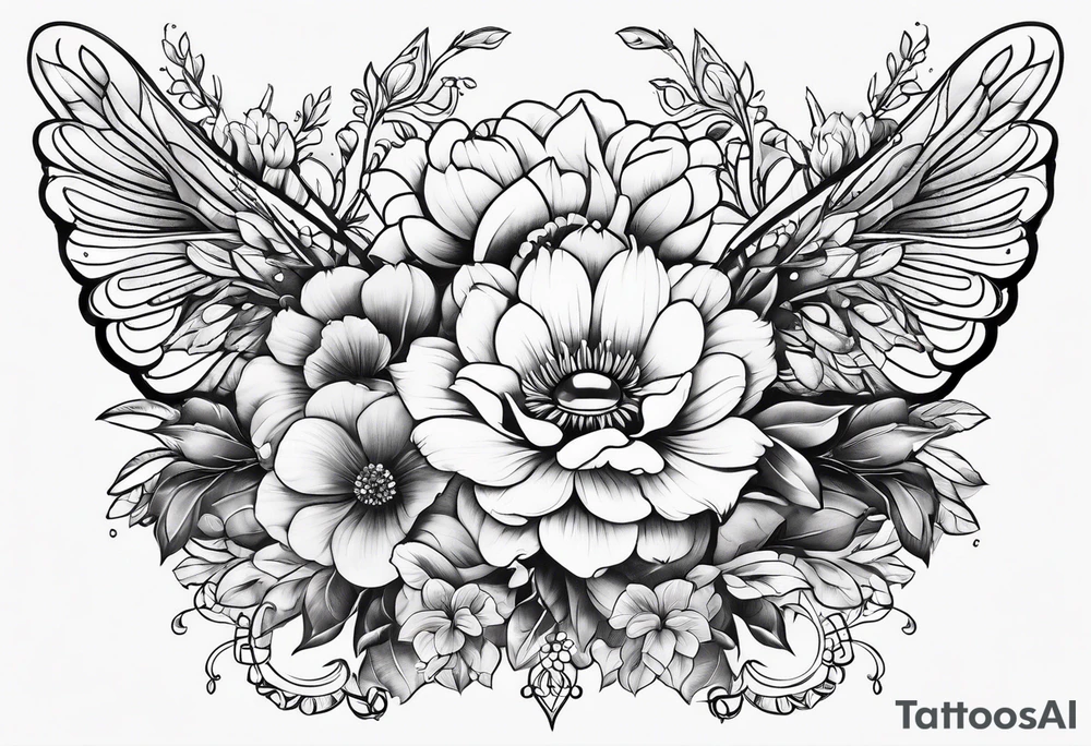 decorative horizontal piece with jewelry and flowers tattoo idea